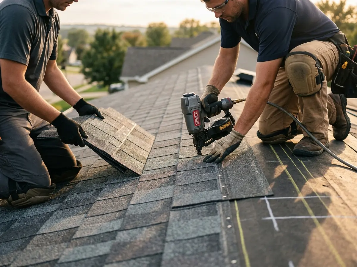 Professional roofer working on a residential roof in Welcome